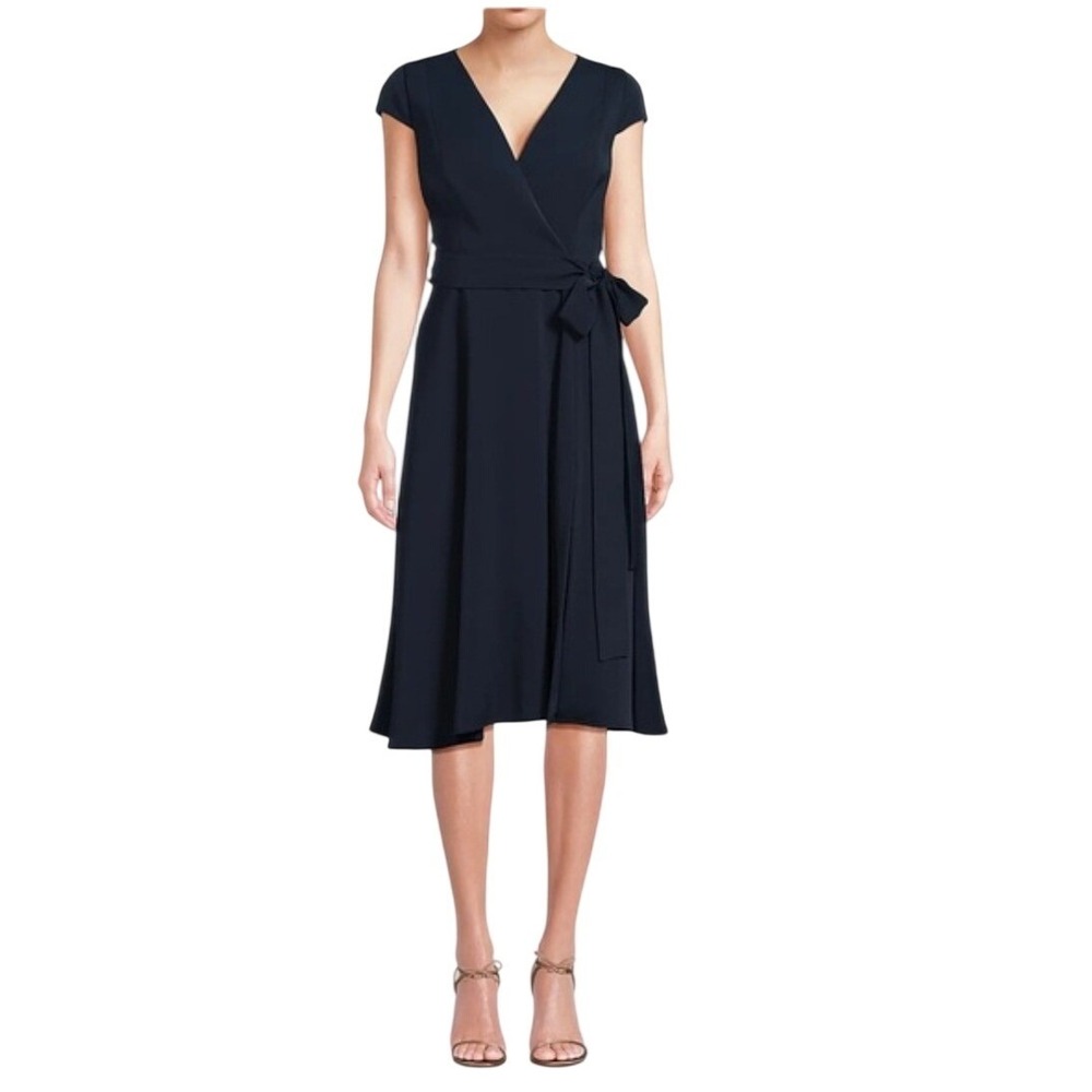 Black Halo Pandora‎ Surplice Wrap Dress Navy Blue Cap Sleeve Midi Size 8 Belt ed